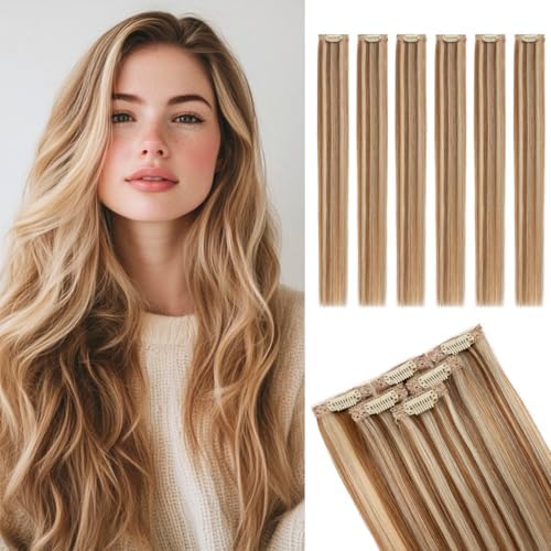 Rich Choices Real Human Hair Clip In Extensions-6 Pcs Single Clip Design-Invisible Clip in Extensions for Thin Hair-Hairpieces for Women/Men-16 Inches #6P613R Light Brown Highlight Bleach Blonde by RichChoices