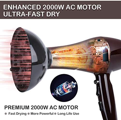 2000 Watt Hair Dryer, Negative Ionic Blow Dryer with Diffuser Concentrator Comb, 2 Speed 3 Heat Settings, Low Noise Long Life Style-Brown/Purple - Image 2