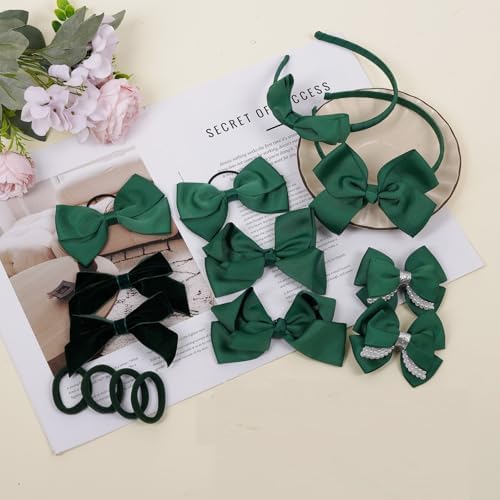 phnydreg Girl Green Hair Bow Accessories 14 Pieces Uniform Hair Bows Hair Clips Headband for School Toddler Girls - Image 4
