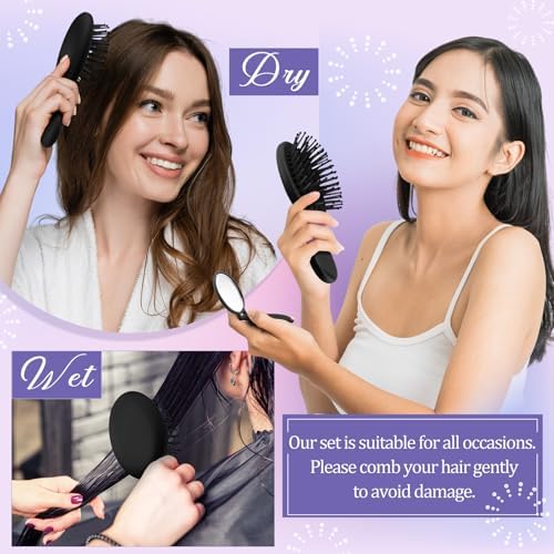 Meanplan 12 Pcs Mini Hair Brush Set Travel Wet Dry Hair Combs Pocket Detangling Compact Folding Makeup Mirrors for Spa Sleepover Birthday Bridal Shower Bachelorette Christmas Party Gift(Black) - Image 5