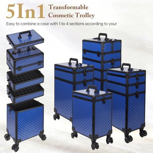 5 in 1 Rolling Makeup Train Case Professional Cosmetic Trolley Large Storage Organizer on Wheels for Hairstylist Artist Nail Beauty Salon Barber Blue - Image 5