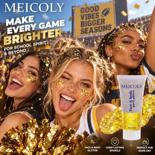 MEICOLY Gold Body Glitter,Yellow Face Glitter,Holographic Halloween Game Day Spirit Day Hair Glitter Makeup,Self-Adhesive Sparkle Face Body Glitter for Kids,Mardi Gras Accessories - Image 2