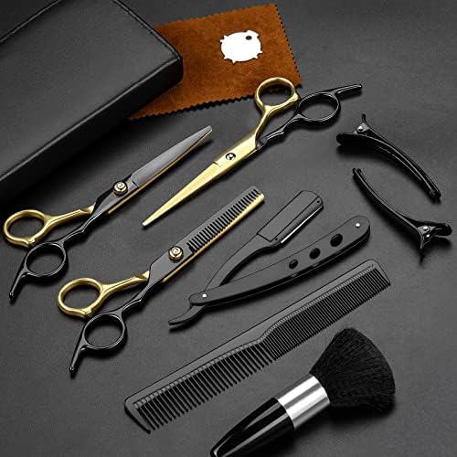 11-Piece Hair Cutting Scissors Kit, Straight & Thinning Shears, Black Gold by Fetinar
