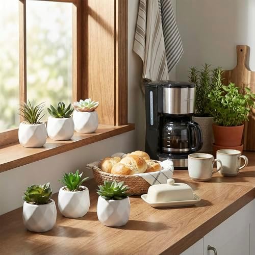 MyGift Mini Assorted Faux Succulent Plants Ceramic Geometric Pots Set of 6 - Image 2
