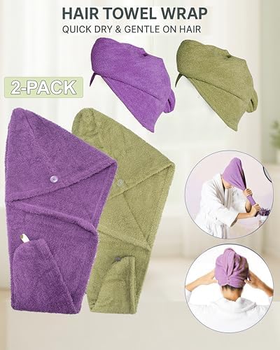 Textila 100% Cotton Hair Wrap Towels for Women (Pack of 2, Plum & Green) – Soft & Absorbent Turban Towels for Long, Curly, Frizz-Prone Hair - Image 3