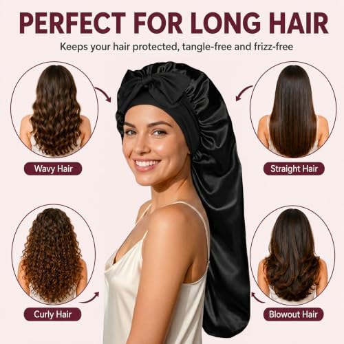 2Pcs Long Hair Bonnet for Sleeping, Satin Braid Bonnet for Women - Image 3