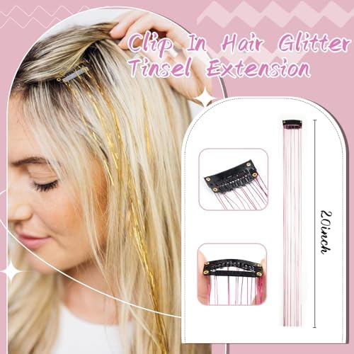 Hair Tinsel Pack of 12 Pcs 20 Inch Glitter Silver Clip in Tinsel Hair Extensions, Party Dazzle Hair Accessories Strands Kit (20 Inch 12Pcs,Silver#) - Image 3