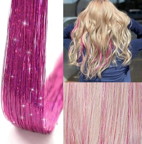 Rose Red Hair Tinsel Packs of 12Pcs 20.5 Inch Clip in Hair Tinsel Heat Resistant Fairy Hair Tinsel Kit for Girls Glitter Hair Extensions for Christmas New Year Halloween Cosplay Party (Rose Red) - Image 2