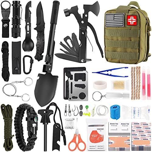 Emergency Survival Kit and First Aid Kit, 142Pcs Professional Survival Gear and Supplies Equipment with Molle Pouch, Gift for Christmas Men Dad Husband Camping Hiking Hunting Outdoor Adventure (Green by LUXMOM