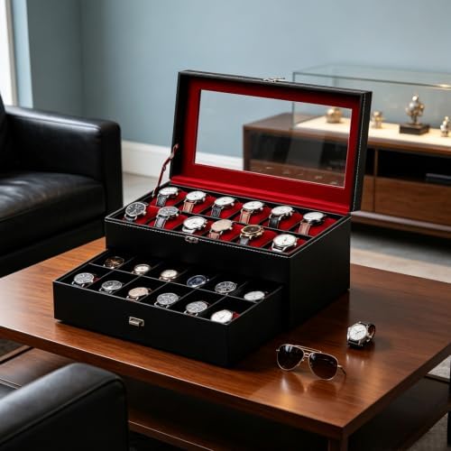 AUTOARK Leather & Velvet 24 Watch Box,Jewelry Display Drawer,Black,MKAW038 - Image 6
