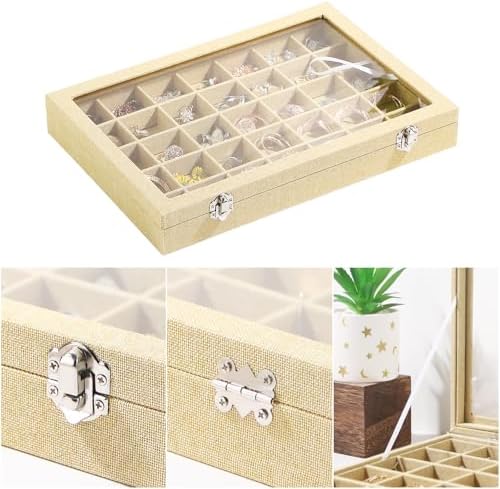 Coward Ring Earring Jewelry Organizer Box, 35 Grids Dustproof Display Holder Case, Yellow Linen Velvet Jewelry Bead Display Tray Case with Transparent Glass Lid for Momen Girls - Image 3