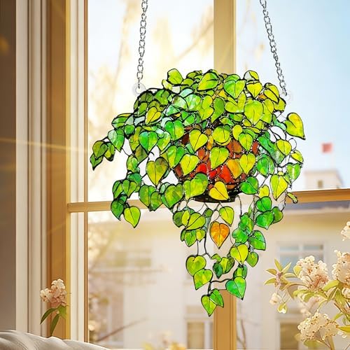 Plant Suncatcher Glass, Stained Glass Suncatcher Plant Window Hanging, Unique Nature Lover Gifts Leaf (Green) - Image 5