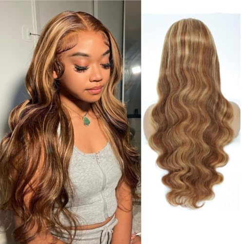 ALHER Honey Blonde Highlight Small Cap Lace Front Wigs Human Hair #4/27 Balayage Body Wave 13X4 Lace Frontal Wigs With Baby Hair 150% Density 18 IN by ALHERHumanHairWigsBundles