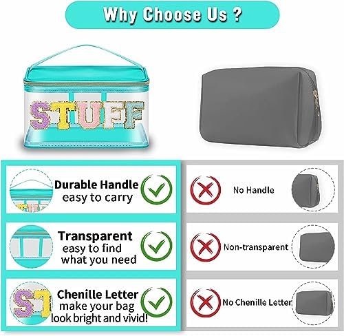 Chenille Letter Clear Makeup Bags Stuff Pouch, Preppy Patch Makeup Bag Zipper with Handle, Transparent PVC & Nylon Waterproof Glitter Cosmetic Handbag Travel Toiletry Storage for Women (STUFF-Green) - Image 4