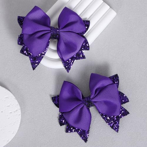 Glitter Dark Purple Hair Bows 3.5in Shiny Sequin Ribbon Dress Bow Alligator Clips for Girls Women Kids Mardi Gras Easter Halloween Party Costume Outfit Decor Accessory Birthday Gift - Image 2