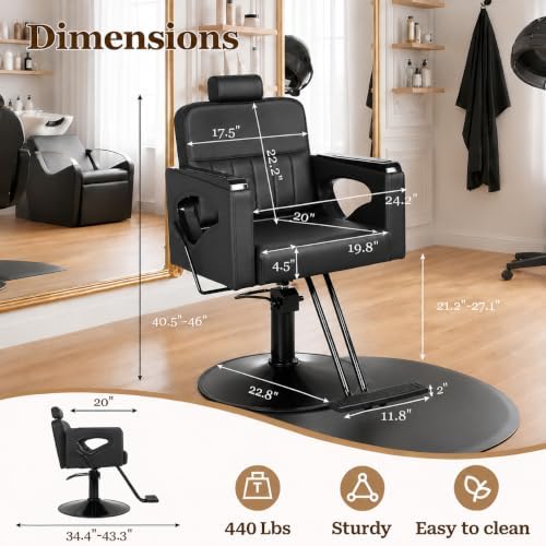Black Salon Chair for Hair Stylist, Reclining Barber Chair for Barbershop - Image 3