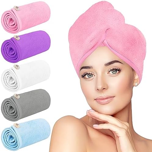 Hair Towel Wrap, 5 Pack Quick Dry Hair Wrap, Highly Absorbent Adjustable Soft Towel Wrap, Anti Frizz Hair Turban with Button & Elastic Loop Hair Towels for Women Wet, Curly, Long Hair by HOMERHYME