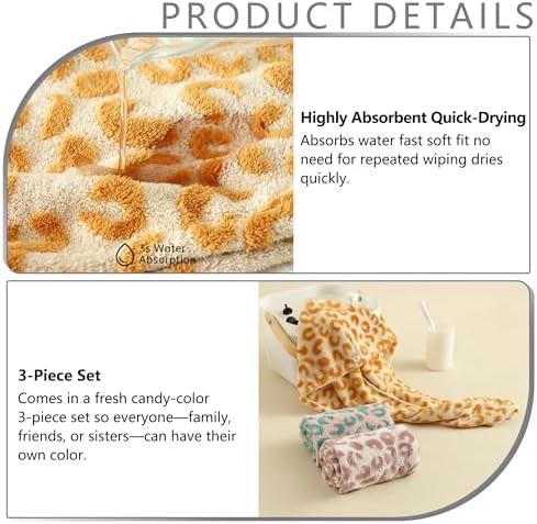 3 PCS Hair Towel Wrap Cute Pastel Floral Print Microfiber Fleece Hair Drying Towel Cap Soft Quick Dry for Women Bath Spa (Leopard) - Image 6