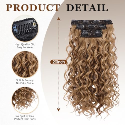 Vigorous Curly Clip In Hair Extensions,4PCS 20 inch Thick Curly Hair Extensions Lace Weft Clip Ins Invisible Natural Synthetic Hairpieces for Women,Light Brown with Blonde Highlights(128H24) - Image 2