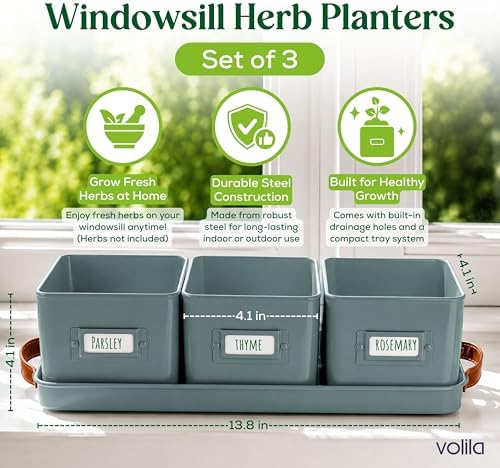 volila Herb Planter Indoor - Set of 3 Teal Blue Indoor Herb Garden Pots for Plants with Leather Handled Tray - Window Sill Plant Shelf - Herb Pots with Drainage Holes and Labels - Image 2