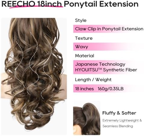 REECHO Ponytail Extension, 18" Clip in Ponytail Hair Extensions for Women, Short Wavy Synthetic Pony Tail Hairpiece for Daily Wear Cheer Dance-Chocolate Brown with Highlights - Image 2