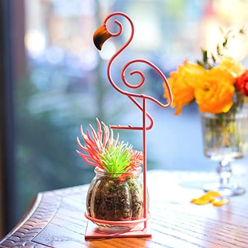 Tabletop Pink Flamingo Planter Propagation Station, Glass Vase Metal Stand - Image 7