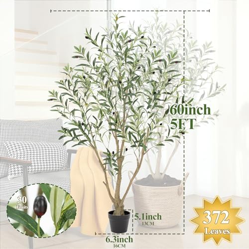 5ft Olive Trees Artificial Indoor, Tall Faux Olive Tree with Realistic Leaves and Lifelike Olives Fruits, Large Fake Silk Plant for Living Room Office Bedroom Balcony Home Decor - Image 5