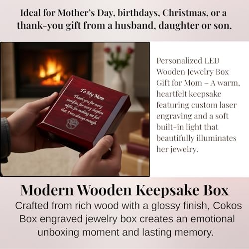 Necklace Box with LED Light – Small Jewelry Display Case for Bracelet, Earrings, or Chains – Luxury Lighted Wooden Presentation Box for Gifts, DIY Crafts (Custom Mom, 5 X 5 Inch) - Image 5
