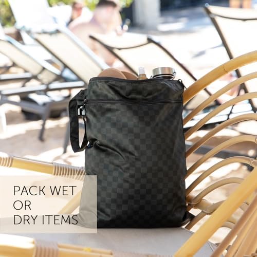 Bumkins Roamio Waterproof Wet Dry Bag for Baby, Travel, Swim Suit, Cloth Diapers, Pump Parts, Pool, Beach, Gym Clothes, Toiletry, Hook to Stroller, Daycare, Zipper Reusable Wetdry Packing, Black Check - Image 3