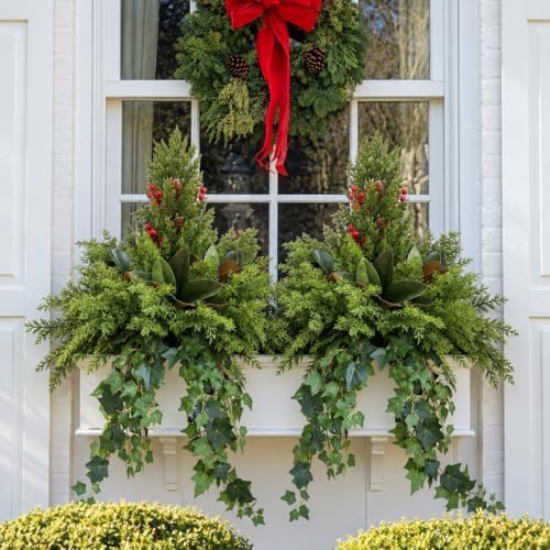 Christmas Artificial Cedar Plants Faux Winter Greenery for Outdoor Planters - Image 7