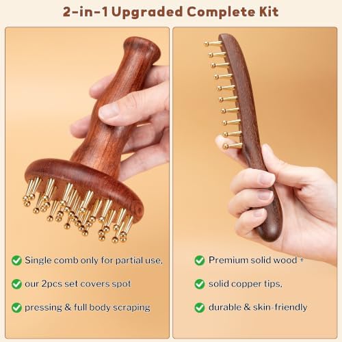 SIMPOR 2 in 1 Brass Copper Meridian Massage Tool Set, 29 Teeth Meridian Massage Brush & Wide Tooth Scalp Massage Comb, Sandalwood Handheld Massager for Head Neck Shoulder Abdomen Home SPA Self Care - Image 6