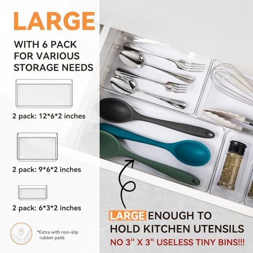 6 Pack Large Clear Plastic Drawer Organizer Trays, Acrylic Kitchen Drawer Organization and Storage Dividers, Non-Slip Storage Bins for Makeup, Kitchen Utensils, Bathroom, Jewelries and Office Desk - Image 2