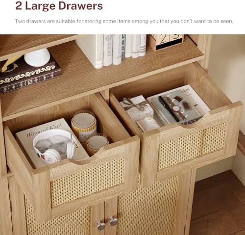 Iwell Tall Storage Cabinet, Rattan Cabinet with 2 Drawers & Adjustable Shelf, Kitchen Pantry Storage Cabient, Entryway Cabinet for Living Room, Dining Room, Home Office, Natural - Image 7
