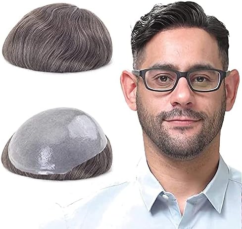 Lordhair Toupee for Men with 100% Human Hair, 0.08mm Natural Skin Hair Pieces Replacement for Men Base Size 8x10 inch Mens Toupee V-looped Hair System Dark Light Brown Mixed 30% Gray Hair#330 by Lordhair