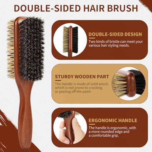 Boar Bristle Hair Brush for Men and Women, Double Side Slick Back Hair Brush with Medium & Firm Bristle, Sturdy Men's Brush for Waves, Fades, Slick Back Style (Brown) - Image 3