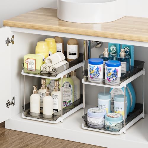 Delamu 2-Tier Multi-Purpose Bathroom Under Sink Organizers and Storage, Stackable Kitchen Pantry Organization, Pull Out Medicine Cabinet Organizer with Movable Dividers, Black, 2 Pack by DELAMU