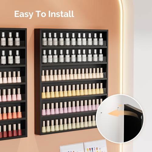 OmySalon Nail Polish Organizer Wall Mount - Holds 120+ Bottles with Acrylic Barrier, Salon Display Rack for Home Spa & Nail Studio - Assembly Required, Wooden Polish Storage (Black, 6-Tier) - Image 6