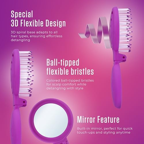 Mini Detangler Travel Hair Brush with Mirror, Makaron Hair Brushes for Women, Men and Kids, Unique 3D Flexible Design for All Hair Types, Styling Accessory, Travel Essentials for Women (PURPLE) - Image 2