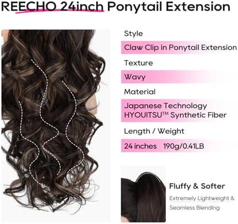 REECHO Ponytail Extension, 24" Claw Clip in Long Curly Wavy Ponytail Hair Extension Jaw Clip on Pony Tails Hairpiece for Women - Dark Chocolate Brown with Highlights - Image 2