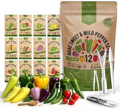 Organo Republic 12 Rare Sweet & Mild Pepper Seeds Variety Pack - 770+ Non-GMO Heirloom Pepper Seeds for Outdoor and Indoor Home Gardening, Including Pepper Anaheim, Pepperonchini, Pimento, Lilac Bell by OrganoRepublic