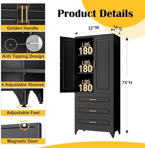 SteeLoong 75" Metal Storage Cabinet with Doors and 2 Adjustable Shelves - Image 3