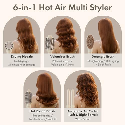 6-in-1 Hot Air Multi-Styler with Case, Hair Dryer & Blow Dryer Thermal Round Brush, Auto-Wrap Curler & Straightener, Fast Drying & Negative Ion Styling for Smooth Frizz-Free Blowouts (Crème) - Image 3