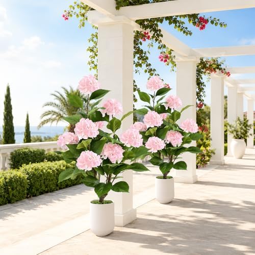 3FT Artificial Hydrangea Tree 2 Pack, Realistic Faux Hydrangea Plants in Pot with Pink Flowers, Lifelike Faux Greenery Home Indoor Outdoor Front Porch Garden or Wedding, Pink - Image 7