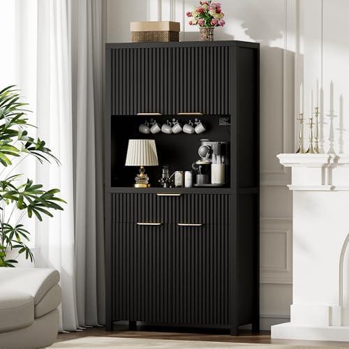 Lulive 71" Fluted Pantry Cabinet with Charging Station, Black - Image 6