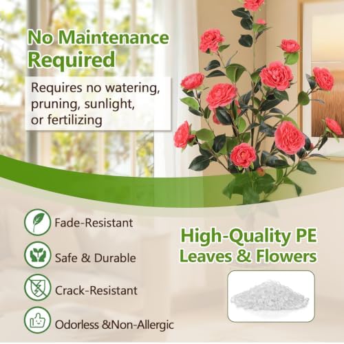 3FT Artificial Camellia Tree, Faux Camellia Plant Outdoor Camellia Flowers Tree Greenery Potted Plant for Living Room Door Patio Deck Yard Décor Outdoor Indoor - Image 5