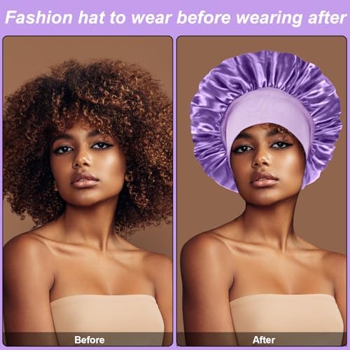 4PCS Silk Bonnet for Sleeping - Satin Bonnets for Black Women & Men, Elastic Wide Band Hair Wrap Cap for Curly Hair, Shower Cap (Black, Sapphire Blue, Pink, Purple) - Image 4