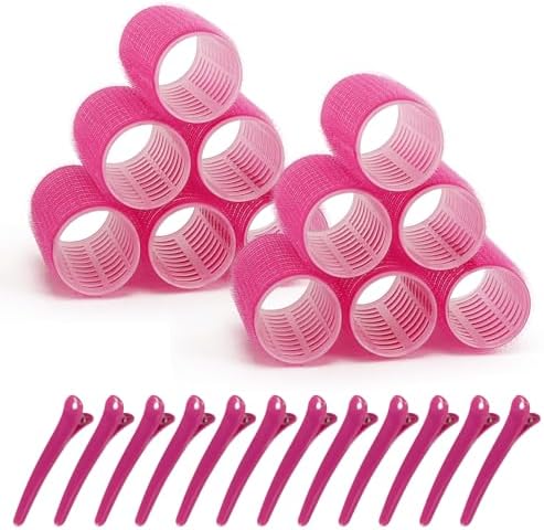 Hair Rollers, 12 Pack Hair Curler Small Hair Rollers for Women, Self Grip Hair Roller with Clips, Rose Red (Medium PLUS) by BESSEEK