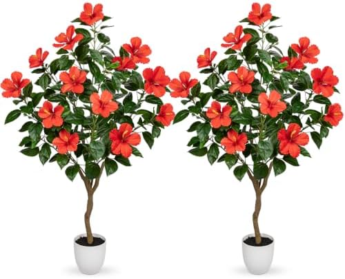 Briful 49.6" Artificial Hibiscus Trees 2 Pack, Faux Tropical Plants, Red by Briful