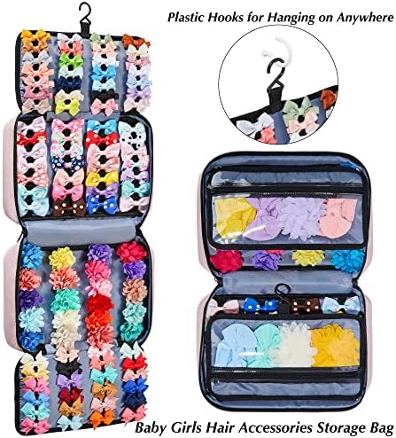 Hair Accessories Organizer for Girls, Hair Accessories Storage Bag, Hair Bow Storage Organaizer for Girls with Multi-Compartments, Baby Hair Accessories Organizer for Travel (Pink) - Image 2