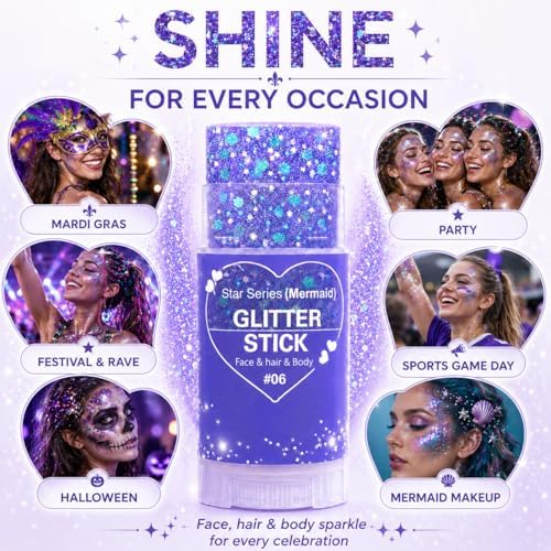 Purple Hair Glitter Stick for Kids, Mermaid Face Body Glitter Makeup with Chunky Sequins, Purple Glitter for Hair Face Body, Mardi Gras Accessories, Halloween Carnival Festival Rave Party (06Purple) - Image 7